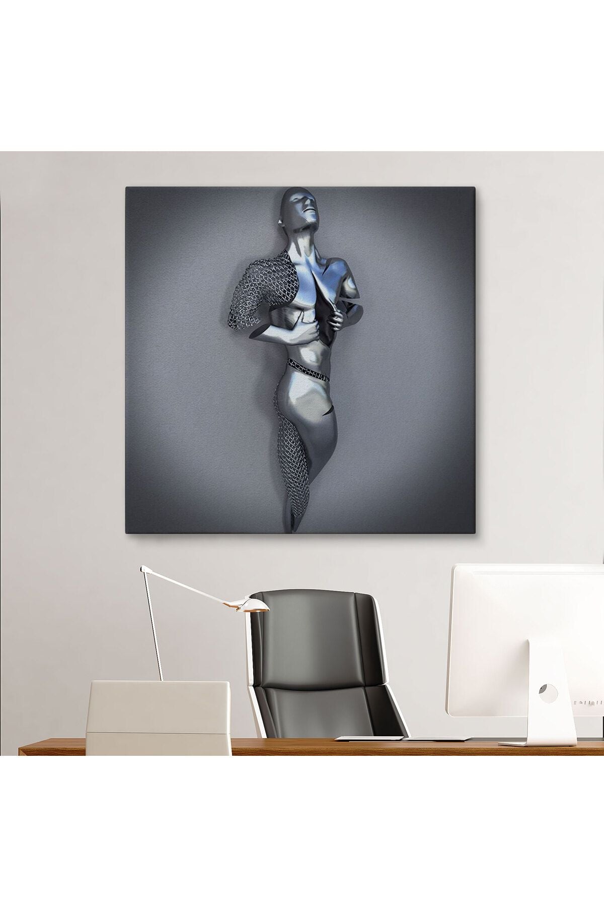 Romantik Beden, Aşk Sanatı, 3D Efekti Gümüş İnsan, Metalik Efektli Kanvas Tablo-5352