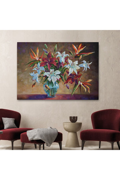 DB Zambak Çiçekleri Yağlıboya Görünüm Dekoratif Kanvas Duvar Tablosu-3602