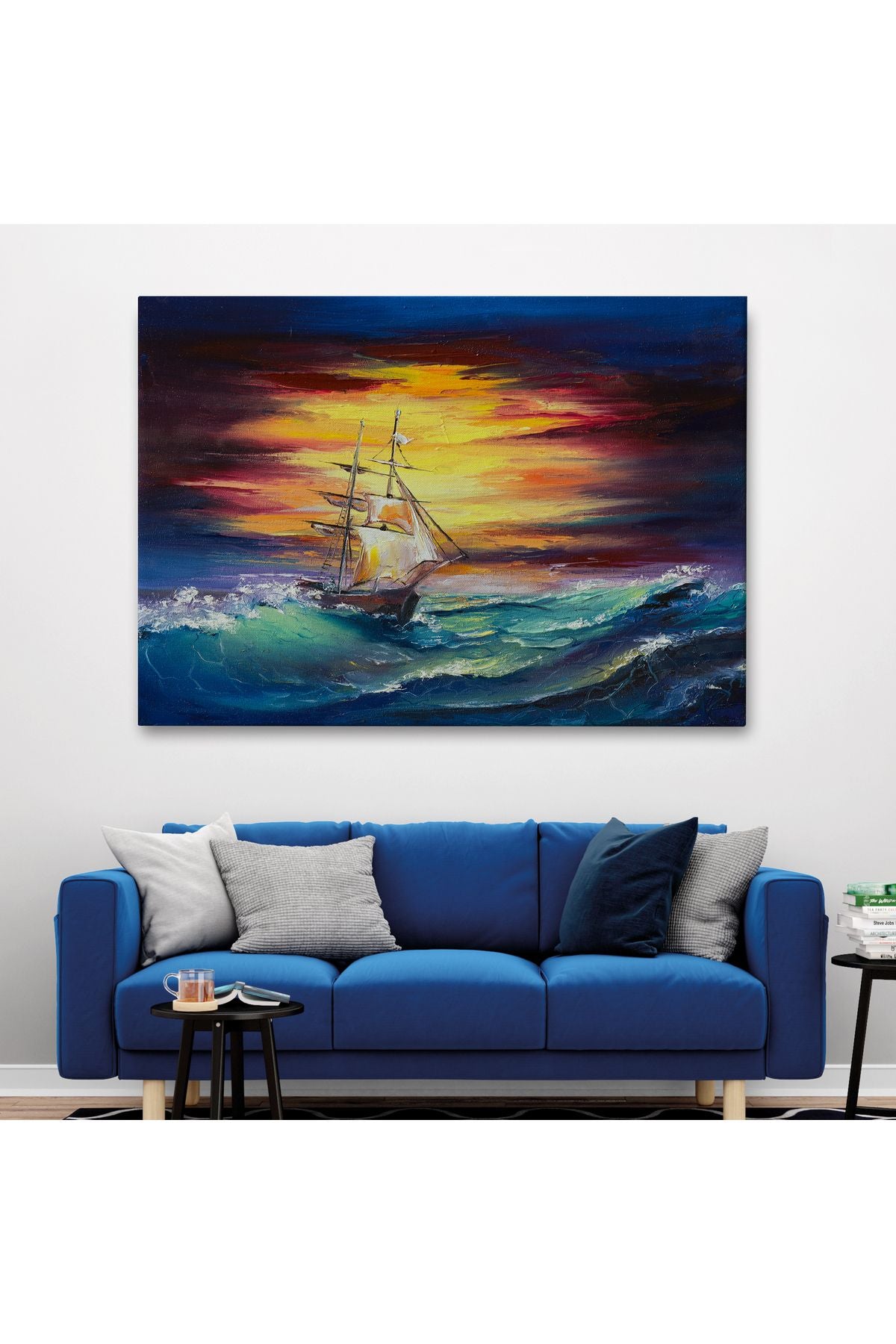 Büyük Dalgalı Okyanusdaki Yelkenli Duvar Tablosu-3491