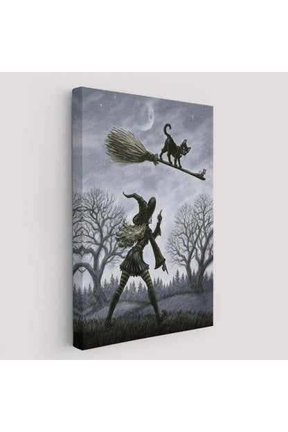 Cadı Süpürgesi ile Uçan Kara Kedi Tablosu, Witches Halloween-6353
