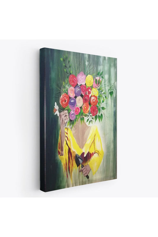 Çiçek Başlı Kadın Portresi Yağlıboya Görünüm Dekoratif Kanvas Duvar Tablosu -5124
