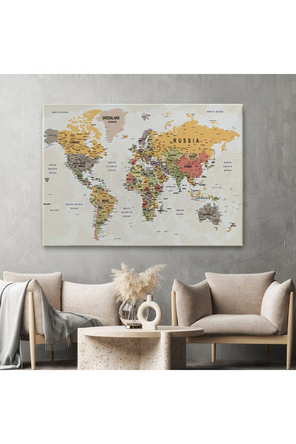 YB Dünya Haritası Son Derece Ayrıntılı Eğitici Okyanuslu Dekoratif Kanvas Tablo 2525