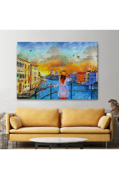Venedik Kanalını İzleyen Kız Yağlıboya Görünüm Dekoratif Kanvas Duvar Tablosu-3699