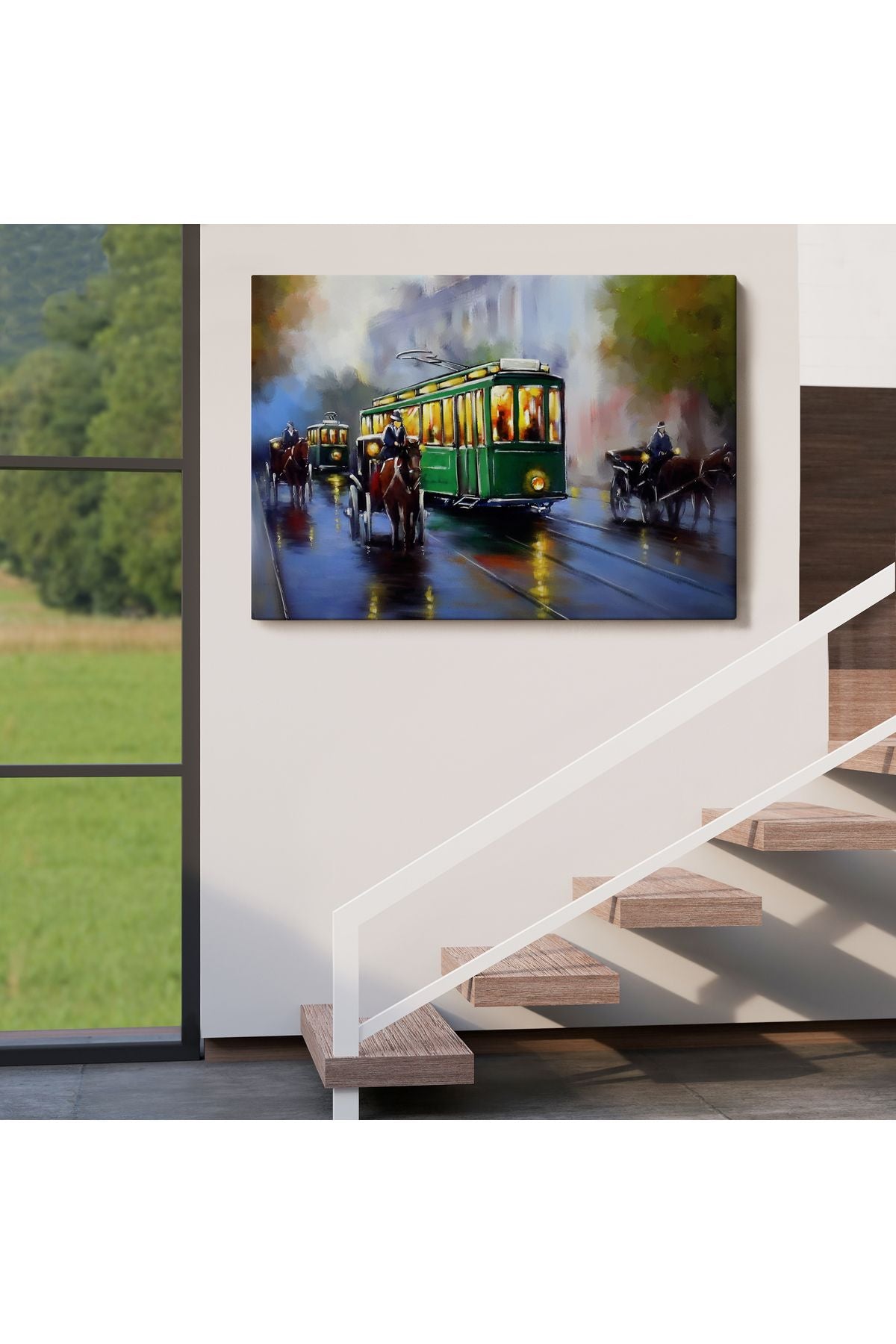 Eski Tramvay Retro Yağlıboya Görünüm Dekoratif Kanvas Duvar Tablosu-3574