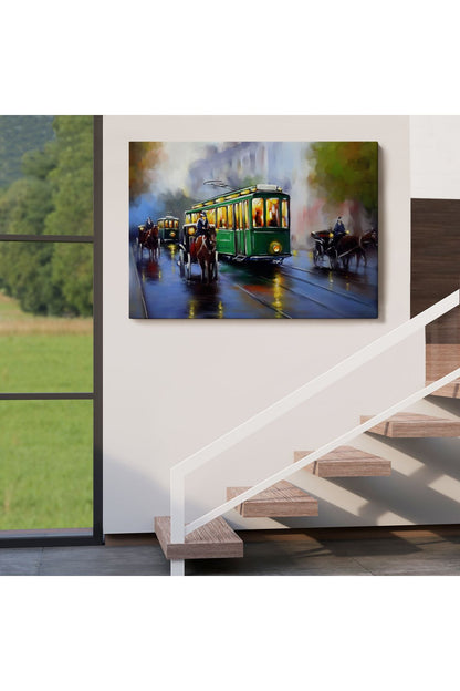Eski Tramvay Retro Yağlıboya Görünüm Dekoratif Kanvas Duvar Tablosu-3574