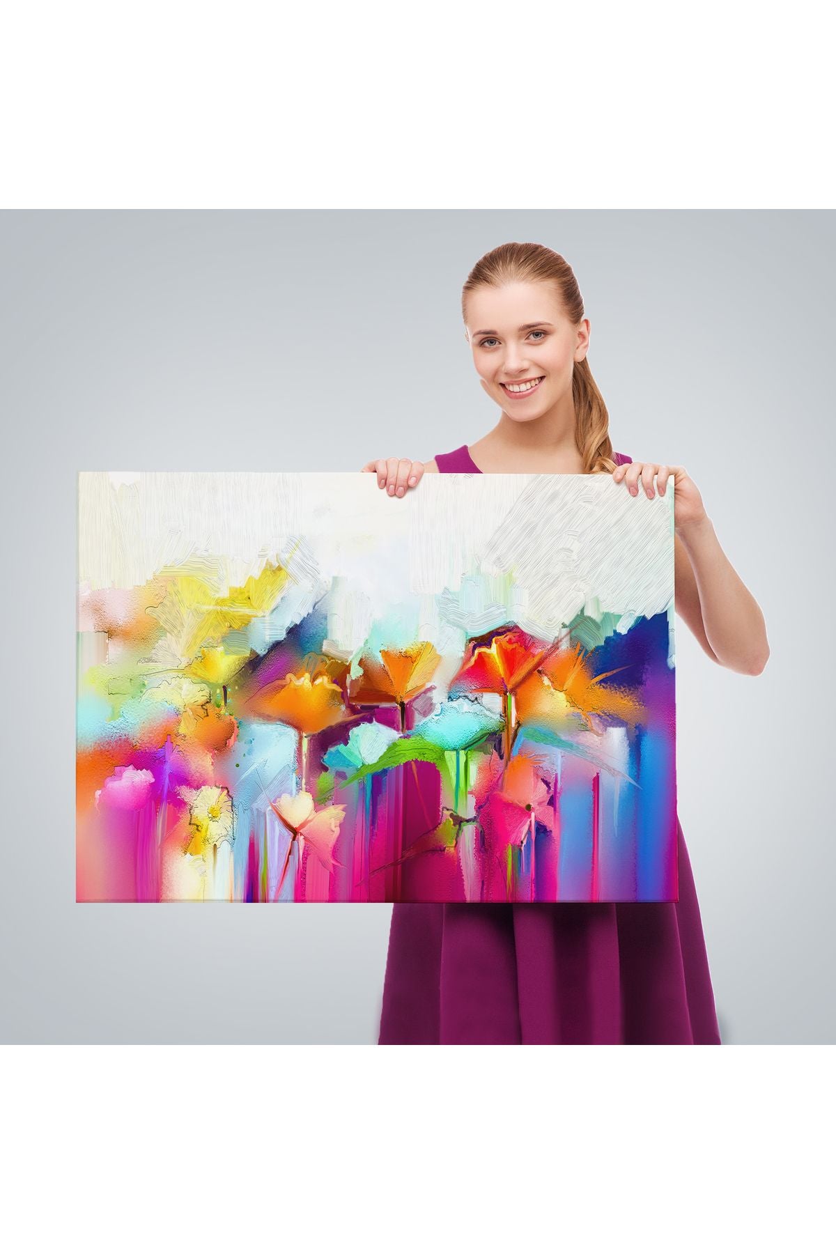 Soyut Çiçekler Yağlıboya Görünüm Dekoratif Kanvas Duvar Tablosu-3562