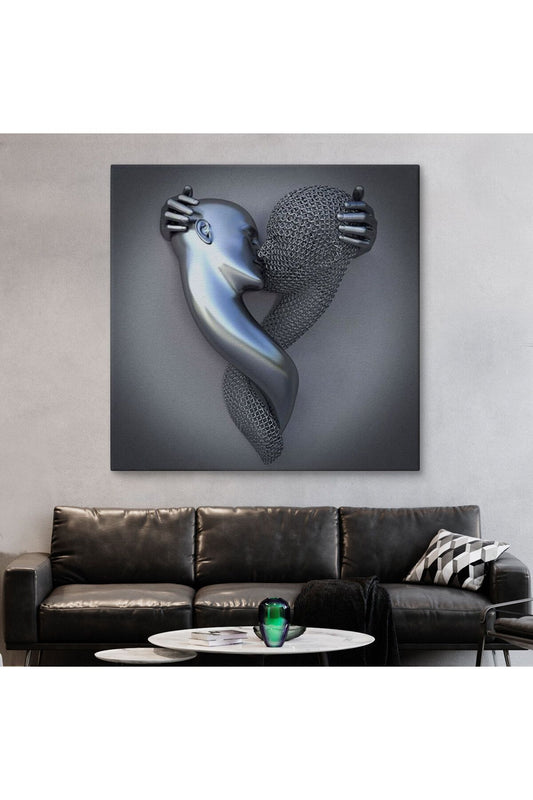 Metalik Efektli Kanvas Tablo, Romantik Beden, Aşk Sanatı, 3D Efektli Gümüş İnsan-5350