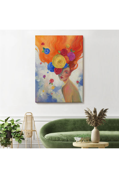 YB Çiçek Saçlı Kadın Yağlıboya Görünüm Dekoratif Kanvas Duvar Tablosu-5942