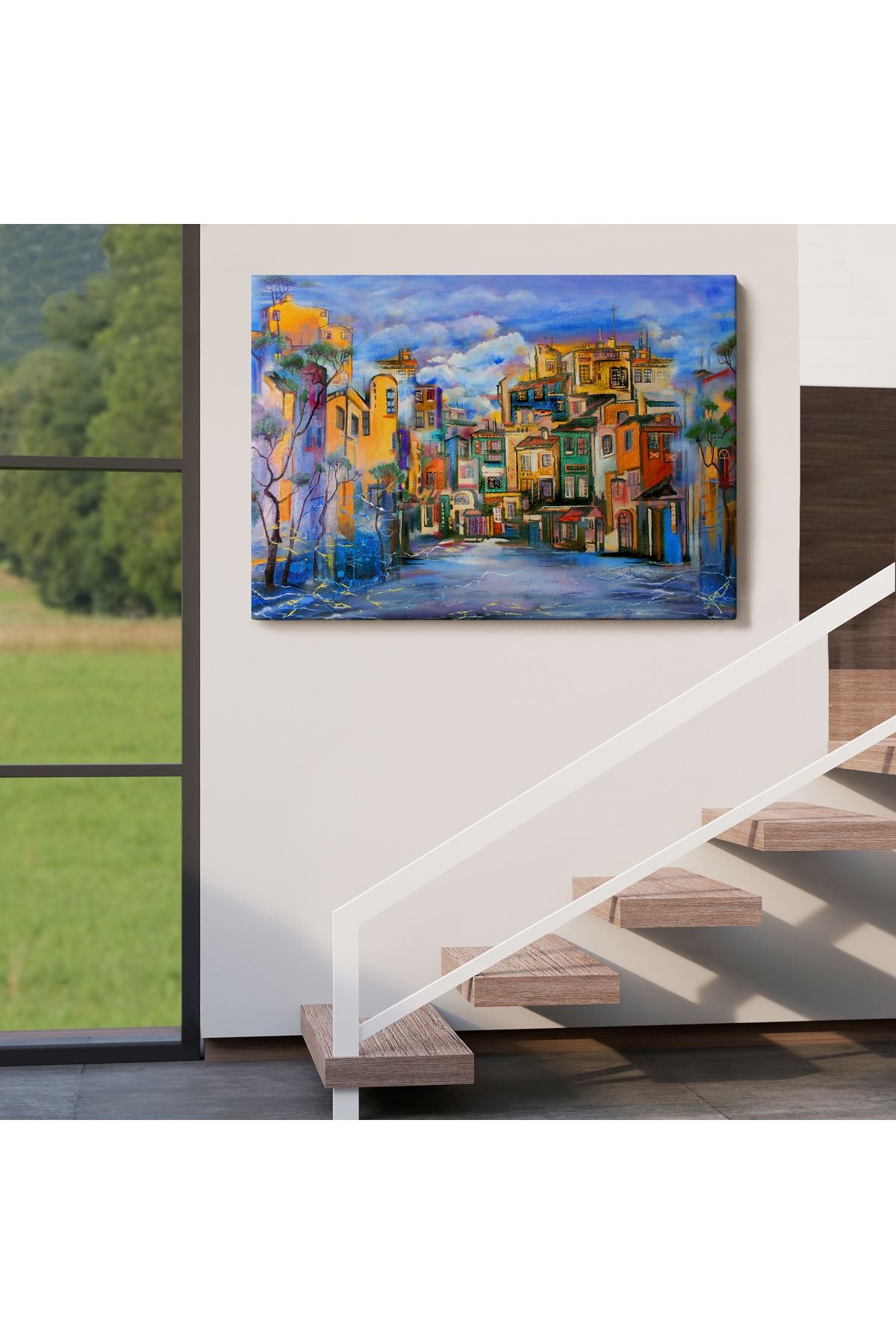 Bulutlu Avlu Yağlıboya Görünüm Dekoratif Kanvas Duvar Tablosu-3451