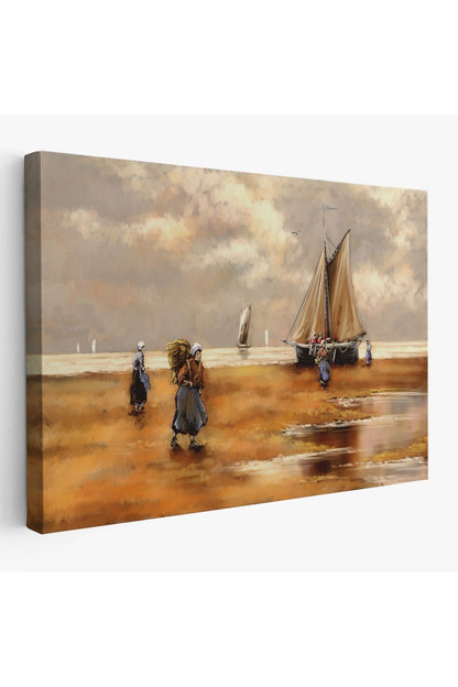 Balıkçılar ve Sahildeki Yelkenli Duvar Tablosu-3548
