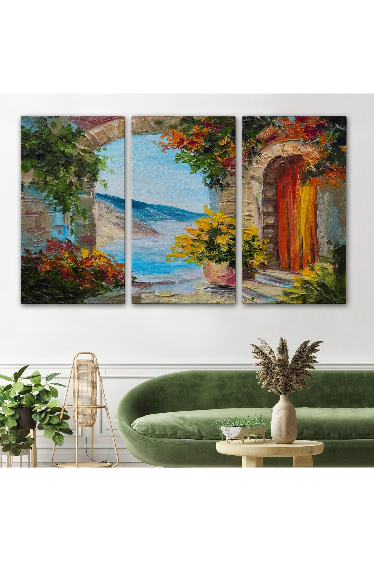 Dekoratif Duvar Tablosu-Deniz Manzaralı Ev ve Renkli Çiçekler Kanvas Tablo 3636