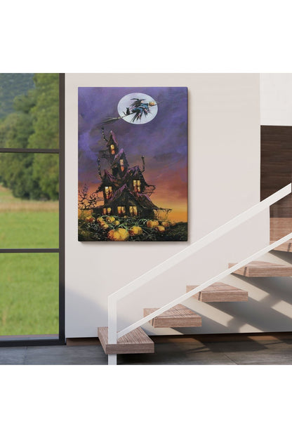 Süpürge İle Uçan Cadı ve Kedisi Cadılar Bayramı Helloven Duvar Tablosu -6078