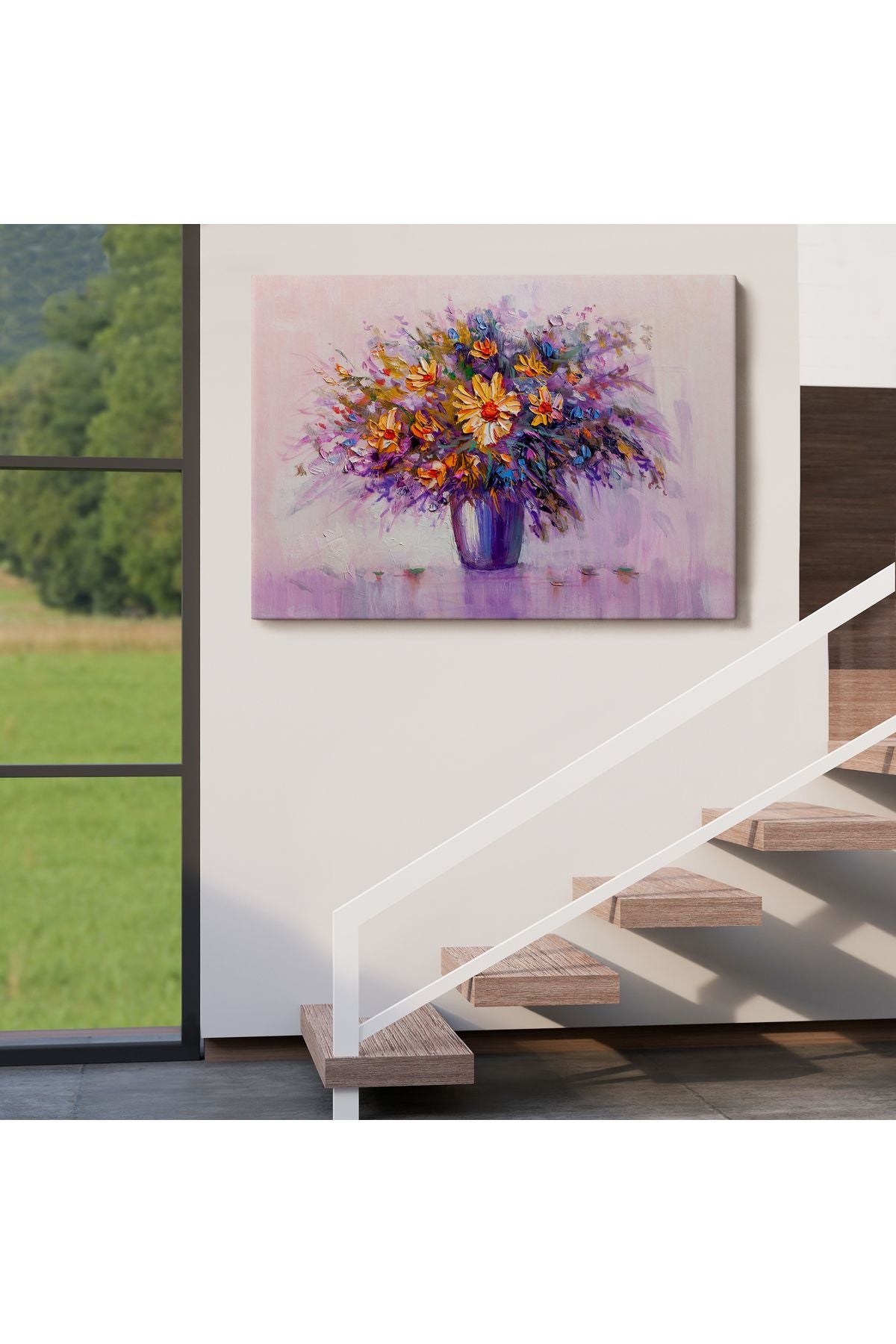 Yağlıboya Görünümlü Vazo İçerisindeki Renkli Çiçekler Duvar Tablosu-3635