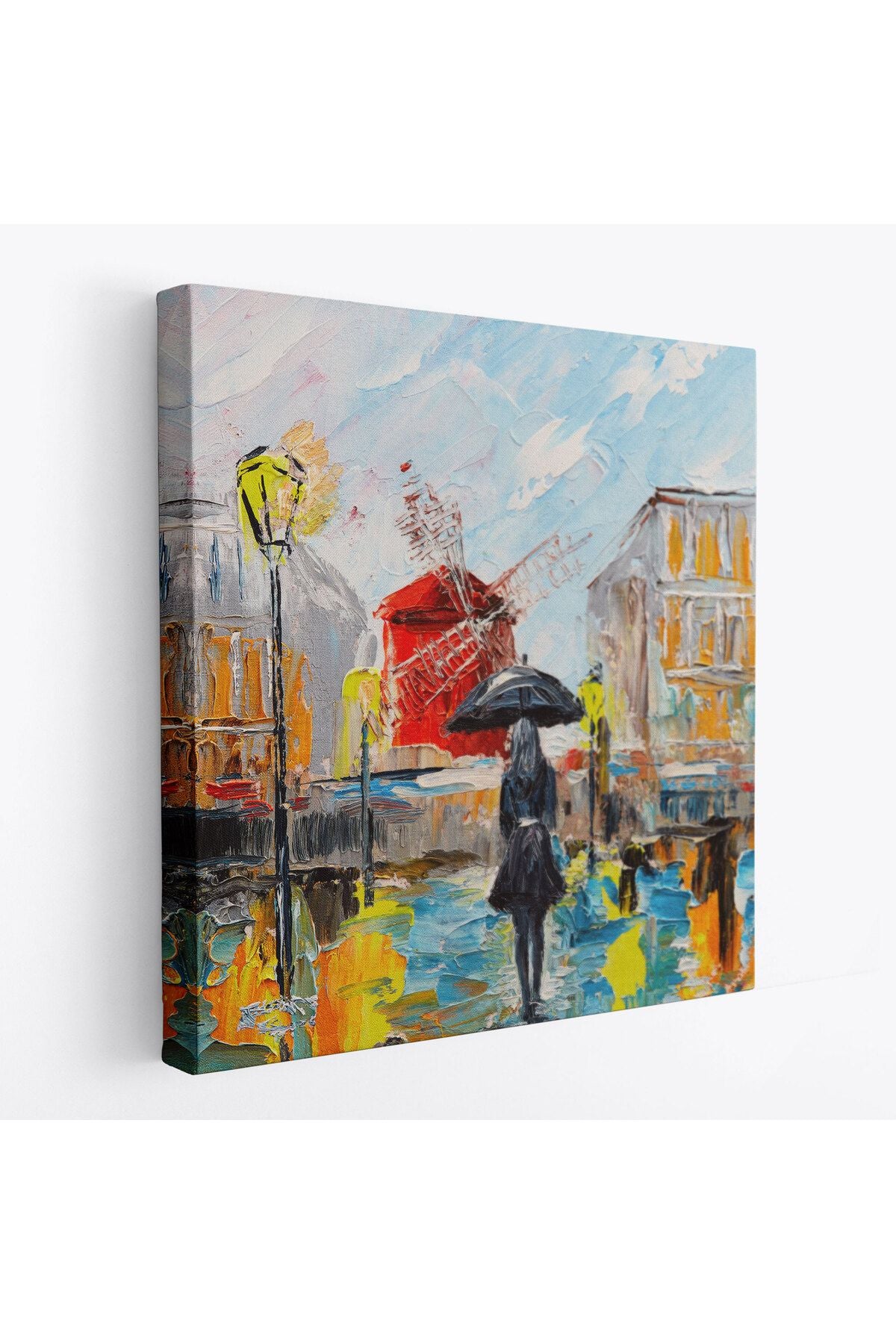Paris de Yağmur da Yürüyen Kadın Yağlıboya Görünüm Dekoratif Kanvas Duvar Tablosu-5844