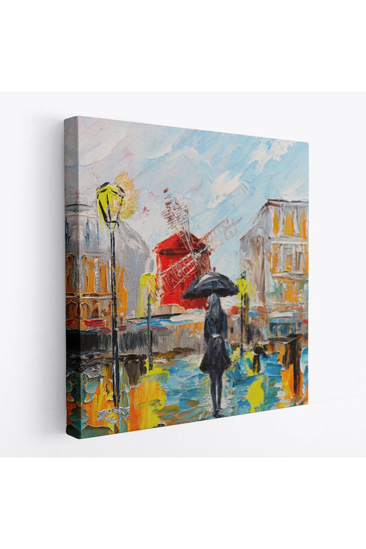 Paris de Yağmur da Yürüyen Kadın Yağlıboya Görünüm Dekoratif Kanvas Duvar Tablosu-5844