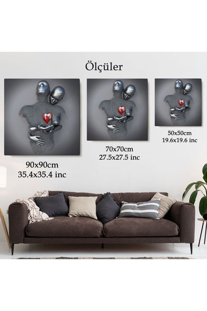 Aşk Sanatı, 3D Efekti Gümüş İnsan, Gri ve Gümüş Metalik Efektli Kanvas Tablo-5353