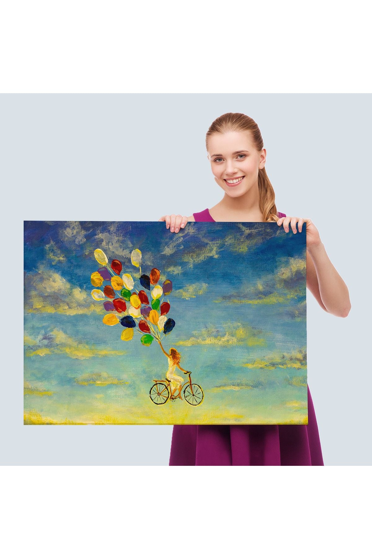 Renkli Balonlar İle Uçan Bisikletli Kız Kanvas Tablo-5036