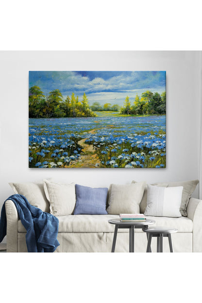 Mavi Gelincik Tarlası Yağlıboya Görünüm Dekoratif Kanvas Duvar Tablosu-3763