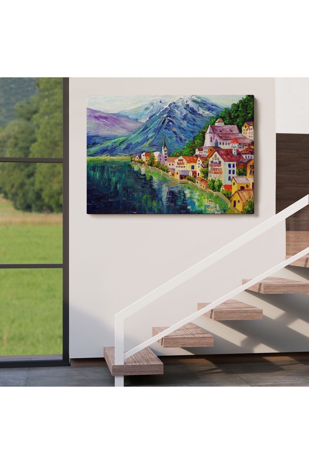 Avusturya Hallstatt Yağlıboya Görünüm Dekoratif Kanvas Duvar Tablosu-3438