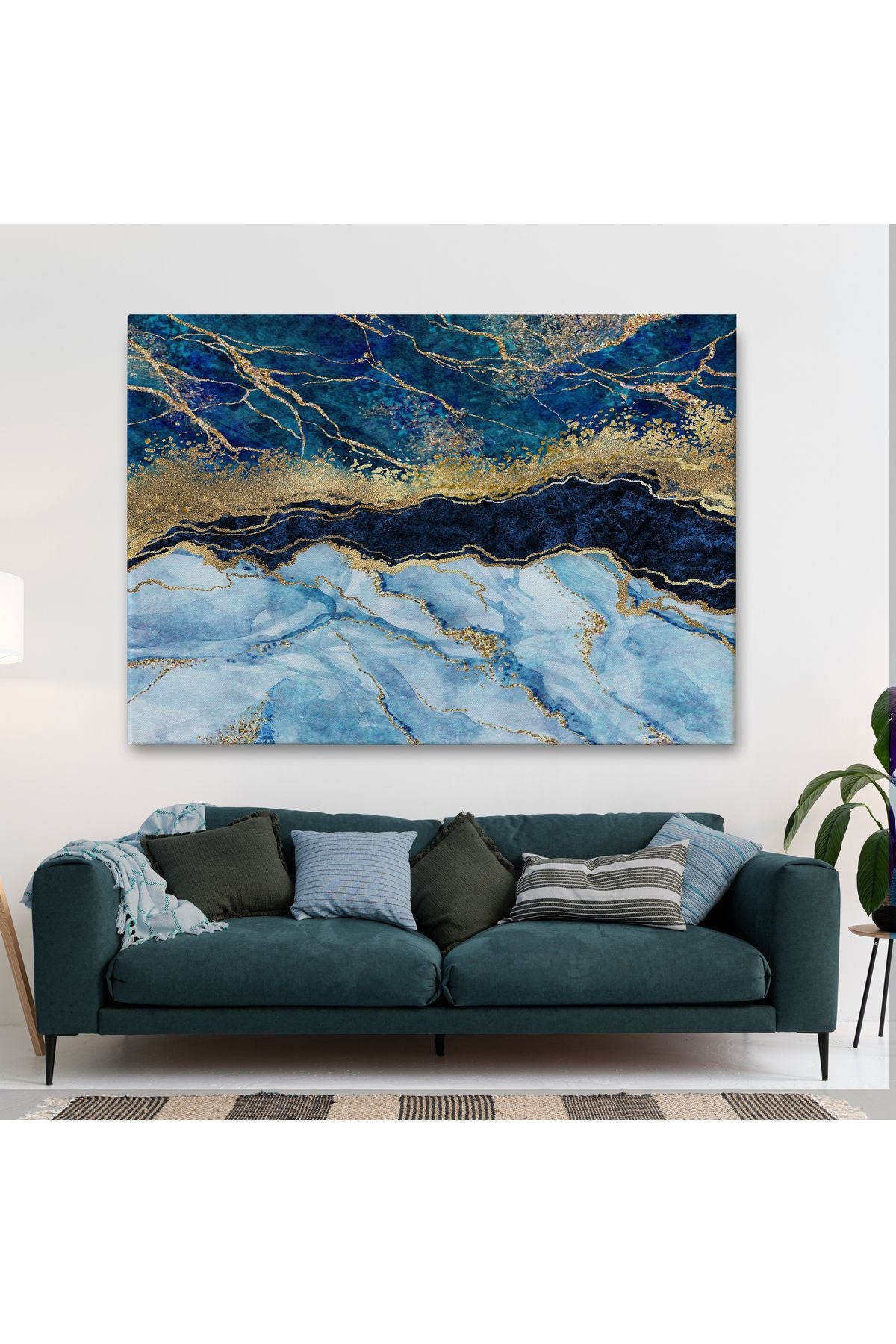 Mavi ve Gold'un Müthiş Uyumu Mermer Görünümlü Modern Kanvas Tablo-5061