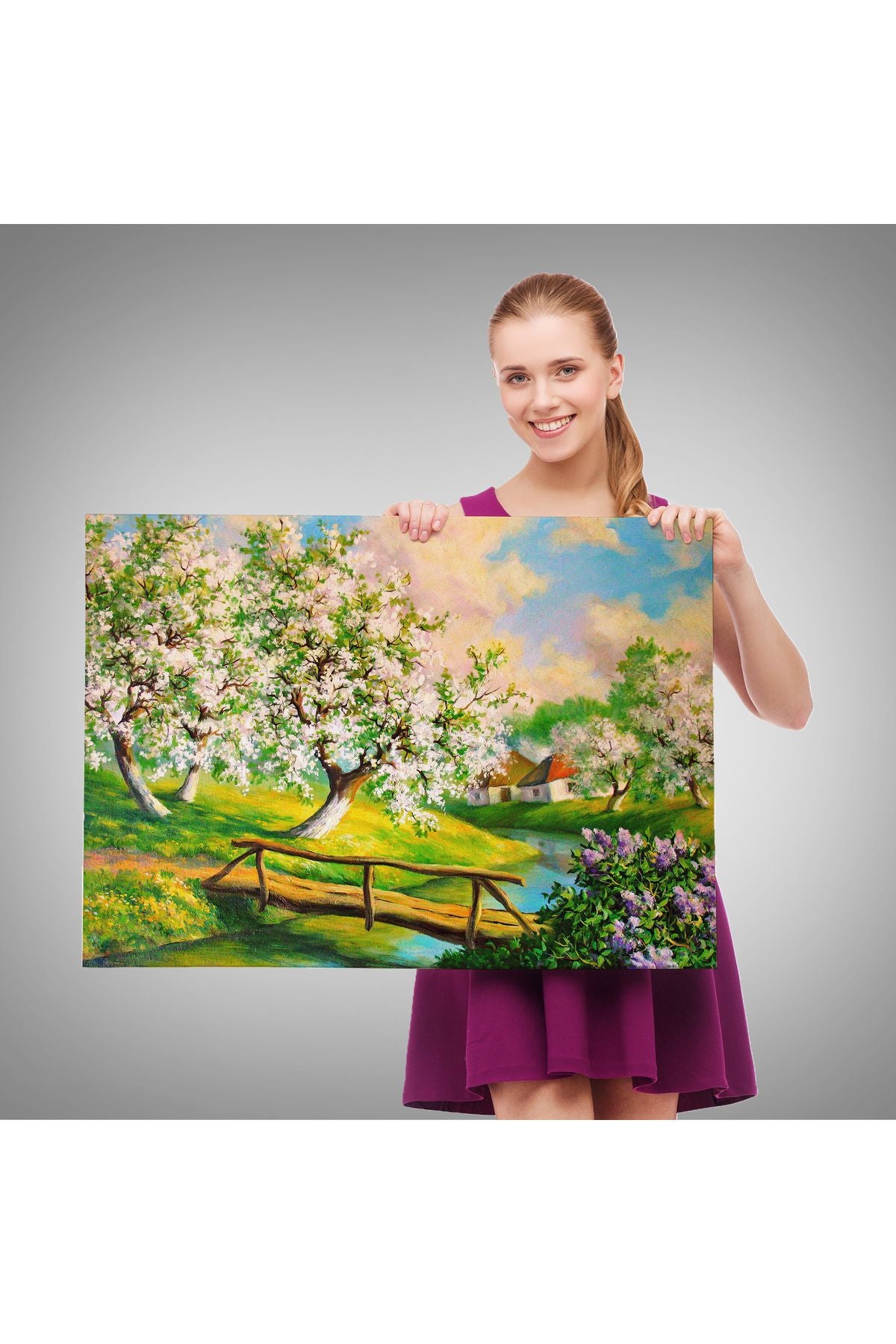 Köy içinden Akan Akarsu Bahar Manzarası Duvar Tablosu-1204