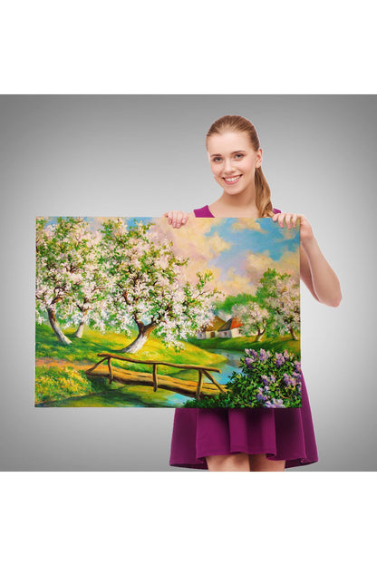 Köy içinden Akan Akarsu Bahar Manzarası Duvar Tablosu-1204