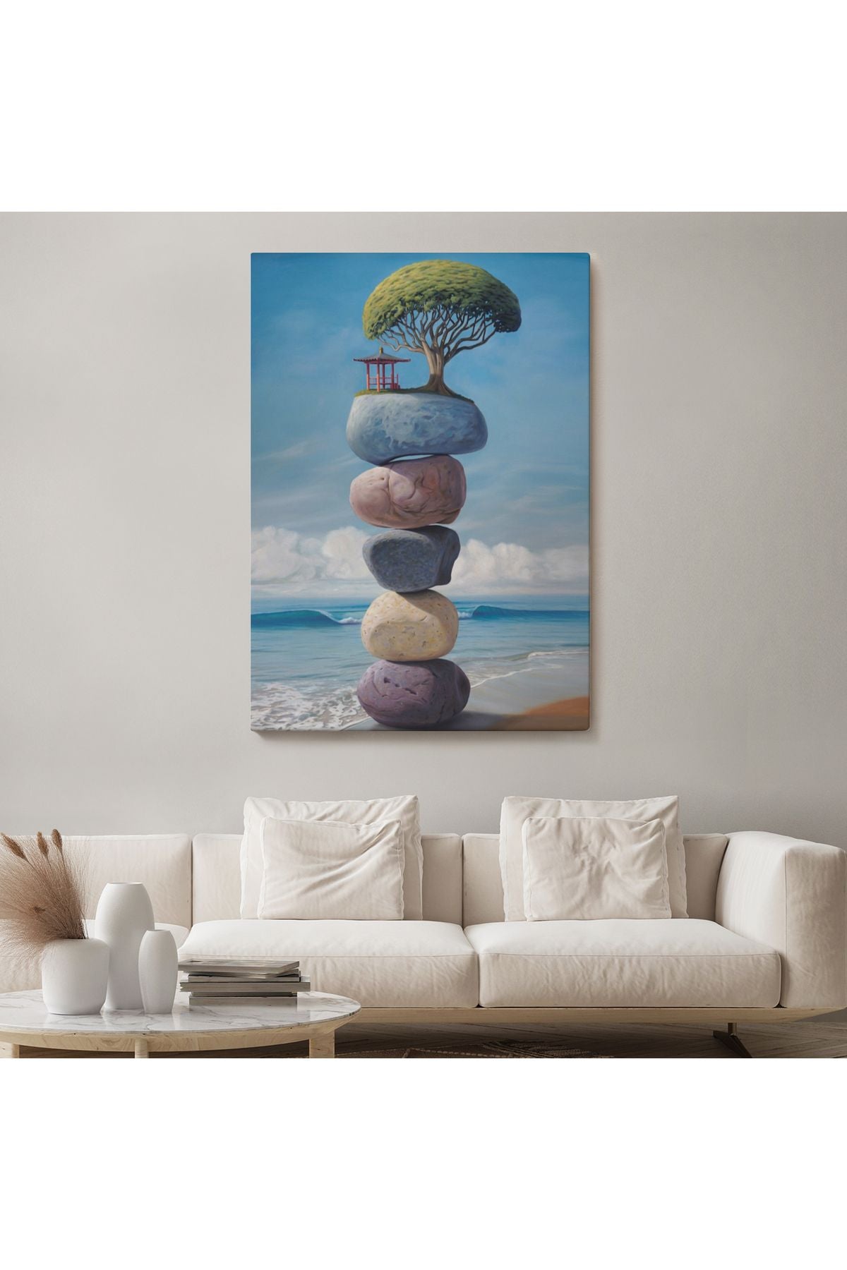 Sahilde Renkli Denge Taşları Kanvas Tablo, Terapi, Meditasyon, Yoga Baskısı-5322