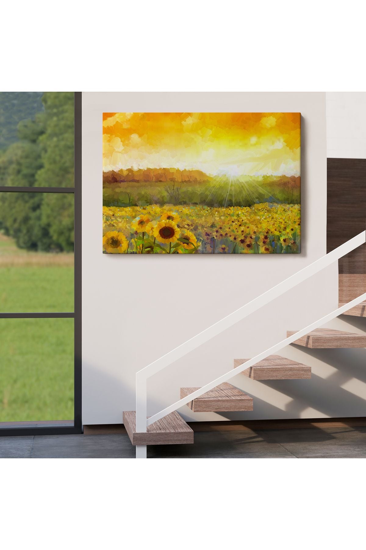 Ayçiçeği Tarlası Yağlıboya Görünüm Dekoratif Kanvas Tablo-3445