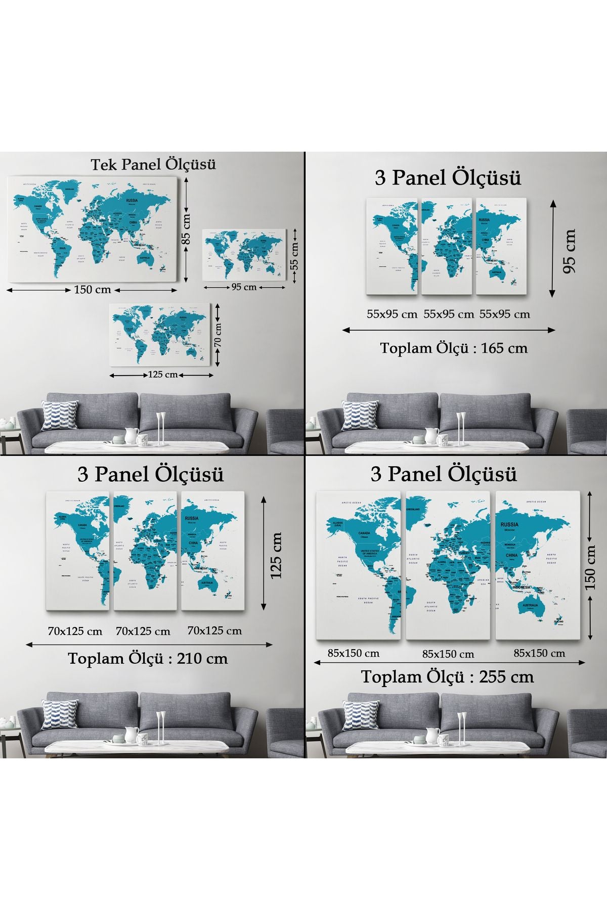 Dünya Haritası Dekoratif Kanvas Tablo Ülke ve Başkentli 1503