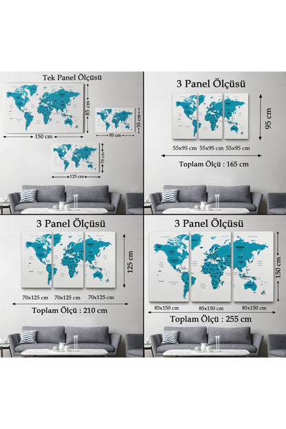 Dünya Haritası Dekoratif Kanvas Tablo Ülke ve Başkentli 1503