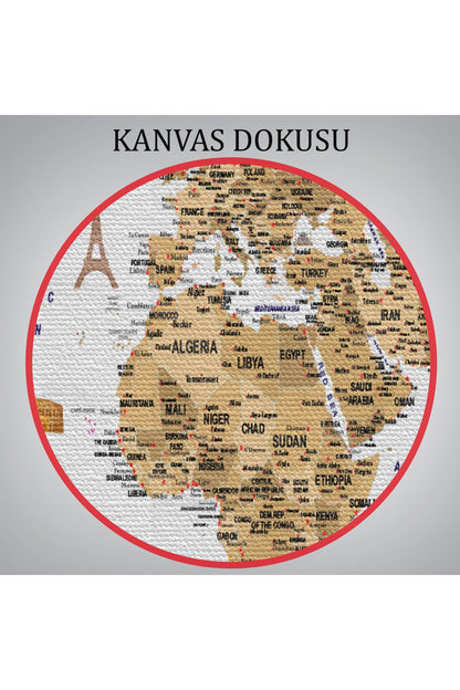 Dünya Haritası Son Derece Ayrıntılı Eğitici ve Sembollü Dekoratif Kanvas Tablo 3219