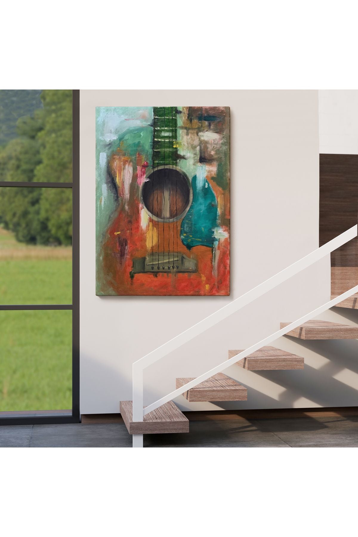 Gitar Temalı Yağlıboya Görünüm Dekoratif Kanvas Duvar Tablosu, Sanat Evi Kanvas Tablo-4976