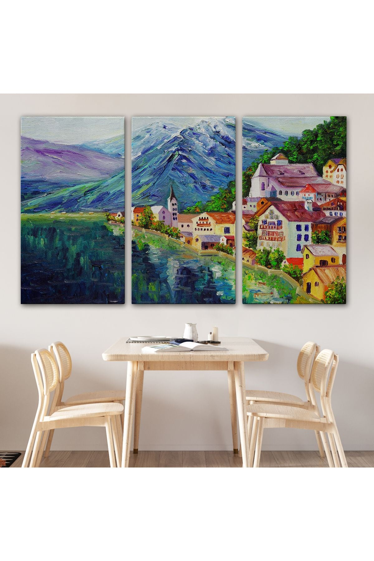 Avusturya Hallstatt Yağlıboya Görünüm Dekoratif Kanvas Duvar Tablosu-3438