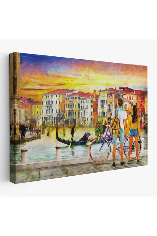 Venedik Kanalına Bakan Romantik Çift Yağlıboya Görünüm Kanvas Tablosu-3625