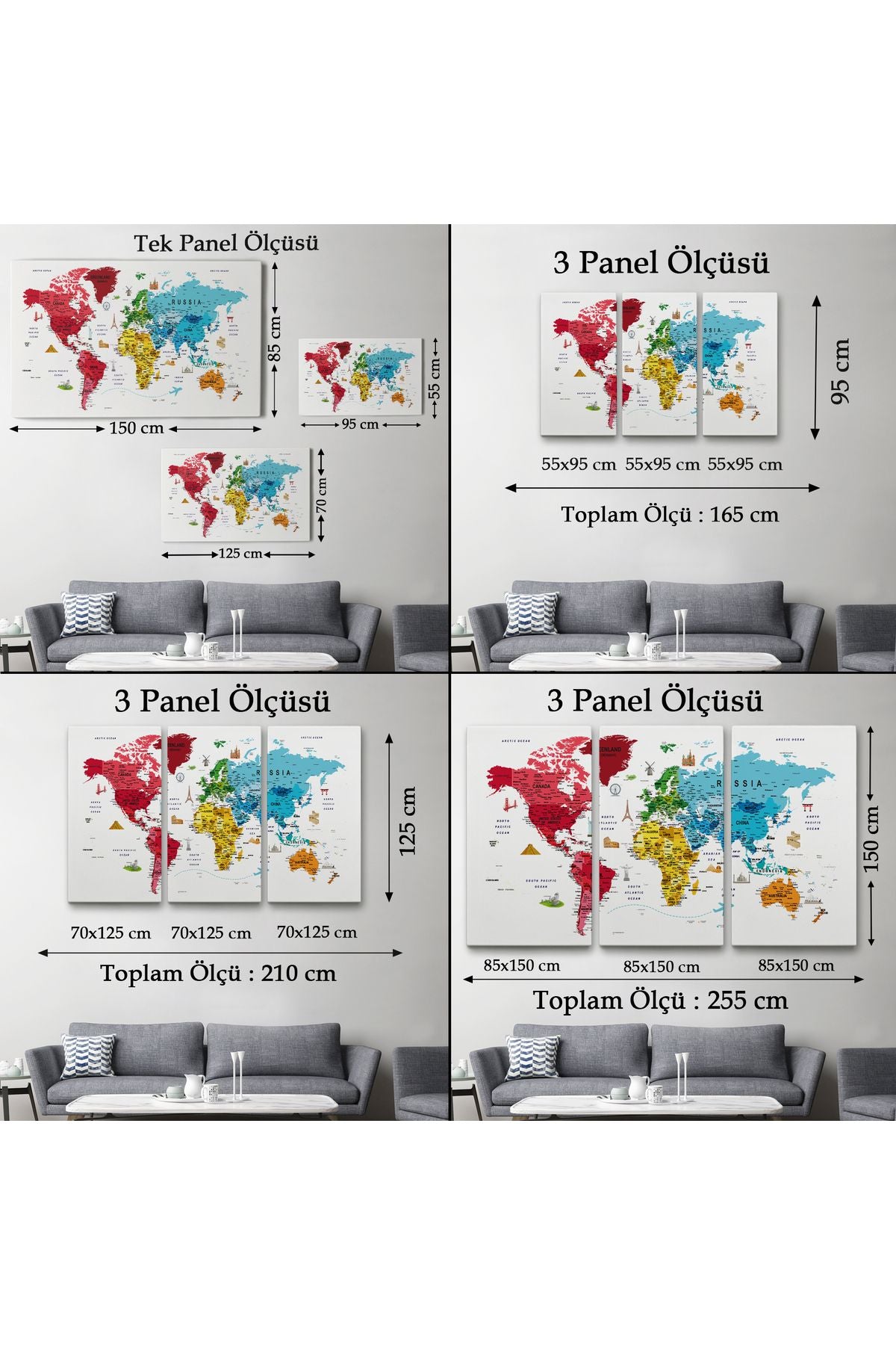 Dünya Haritası Son Derece Ayrıntılı Eğitici  ve Sembollü Dekoratif Kanvas Tablo 3223
