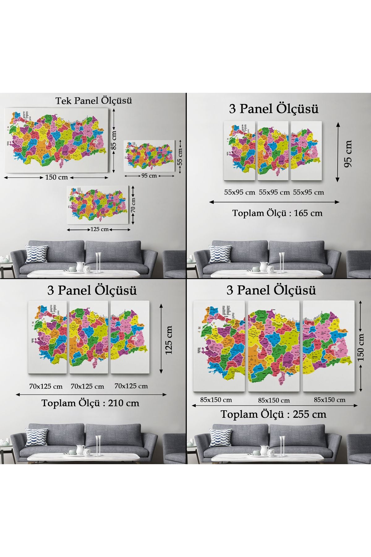 Türkiye Haritası Kanvas Tablo İl ve İlçeli Ayrıntılı Eğitici Dekoratif Tablo 3029