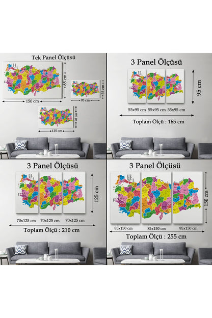Türkiye Haritası Kanvas Tablo İl ve İlçeli Ayrıntılı Eğitici Dekoratif Tablo 3029