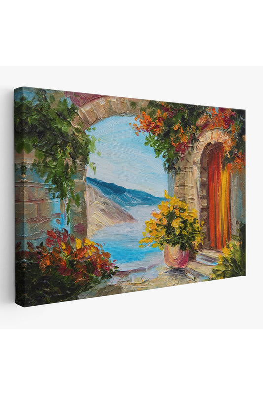 Dekoratif Duvar Tablosu-Deniz Manzaralı Ev ve Renkli Çiçekler Kanvas Tablo 3636