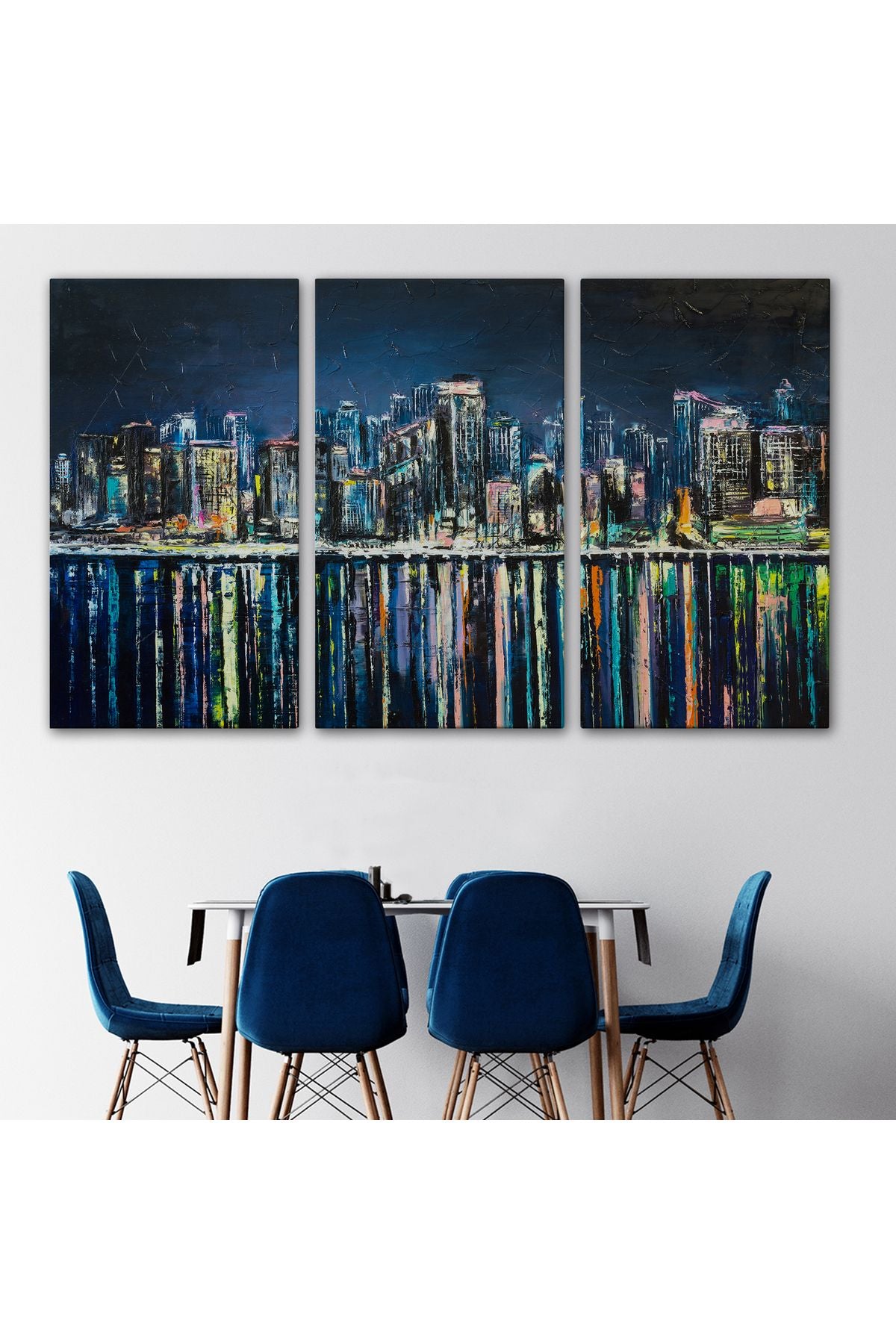 Kıyı Şehrin de Gece Yağlıboya Görünüm Dekoratif Kanvas Duvar Tablosu-3526