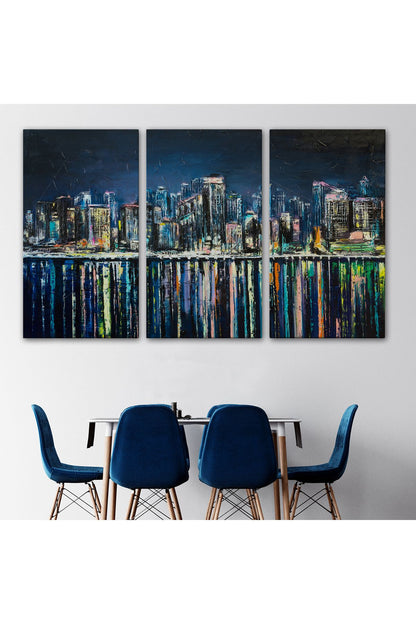 Kıyı Şehrin de Gece Yağlıboya Görünüm Dekoratif Kanvas Duvar Tablosu-3526