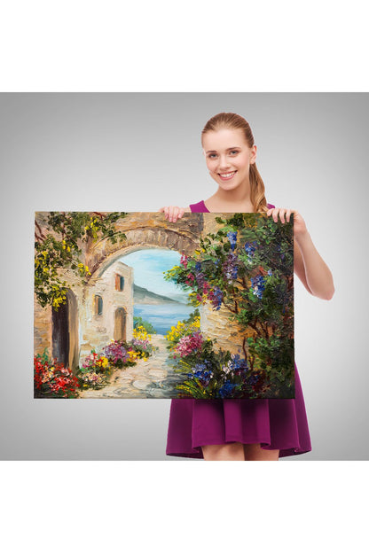 Deniz Yakınında Ev, Renkli Çiçekler, Deniz Manzaralı Kanvas Duvar Tablosu-1111