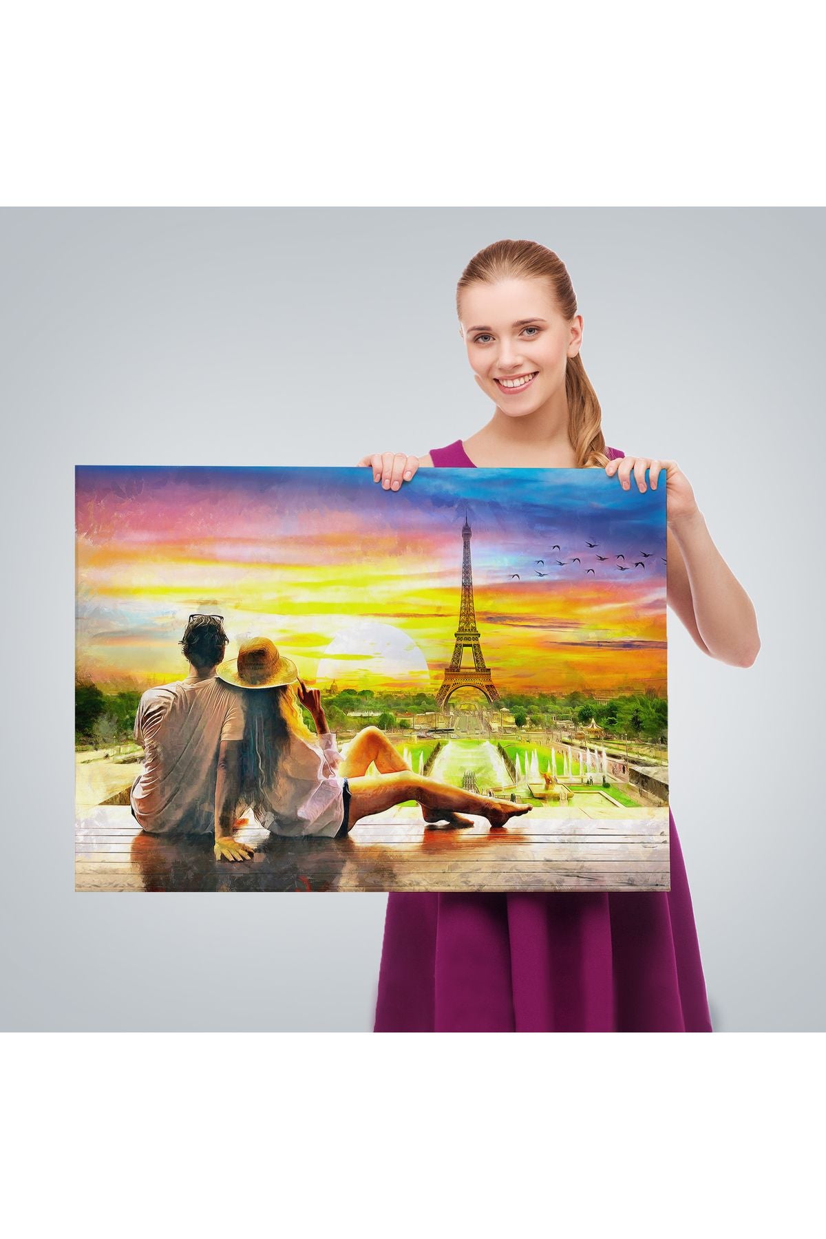 Paris Eyfel Kulesini Seyreden Romantik Çift Kanvas Tablo-3627