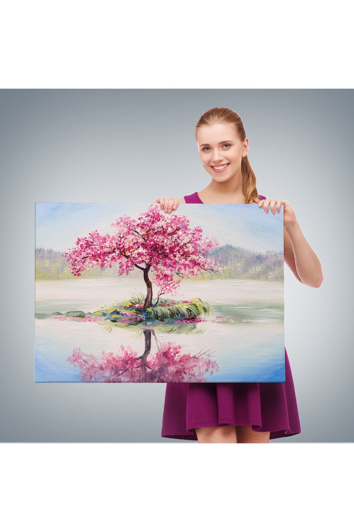 Gölde Sakura Ağacı Yağlıboya Görünüm Kanvas Duvar Tablosu-3494