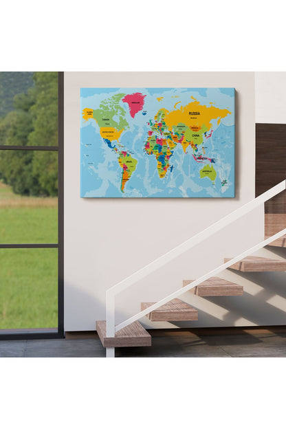 Dünya Haritası Ülke Başkentli Okyanuslu ve Dekoratif Kanvas Tablo 2243