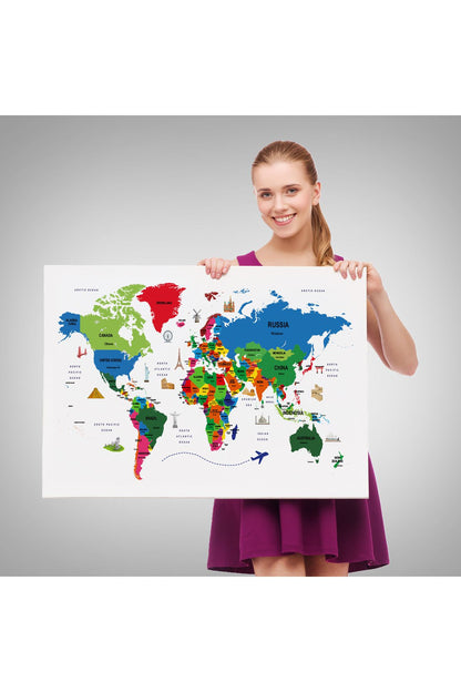 Dünya Haritası Dekoratif Kanvas Tablo Ülke ve Başkentli Öğretici ve Sembollü 2331