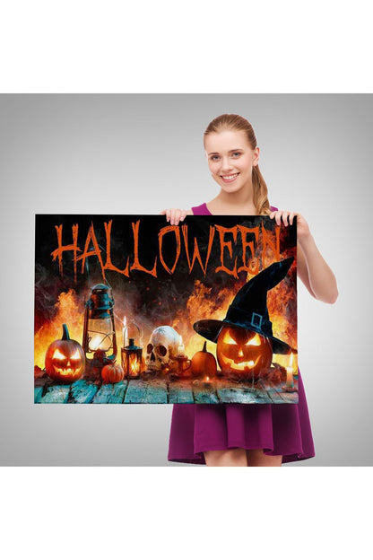 İskelet Kafa ve Oymalı Kabaklar Cadılar Bayramı Dekoratif Duvar Tablosu-5198