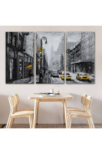 New York Sokakları Ve Sarı Taksi Yağlıboya Görünüm Kanvas Tablo-3552