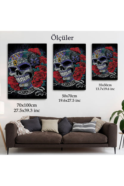 Renkli Çiçeklerle Kafatası Posteri, Şeker Kafatası Sanatsal Kanvas Tablo-5256