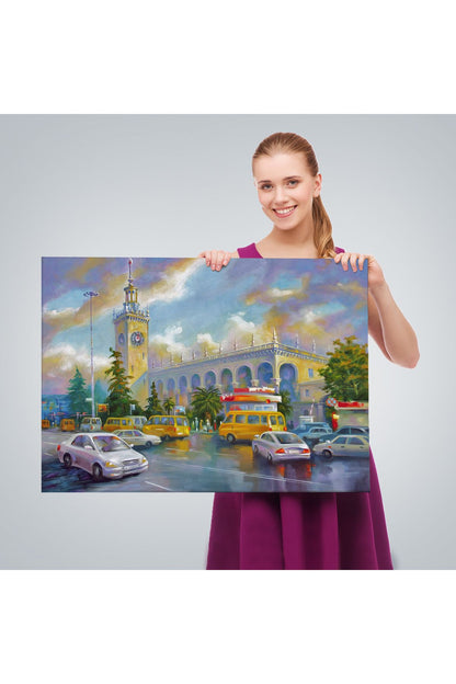 Soçhi Tren İstasyonu Yağlıboya Görünüm Dekoratif Kanvas Duvar Tablosu-3610