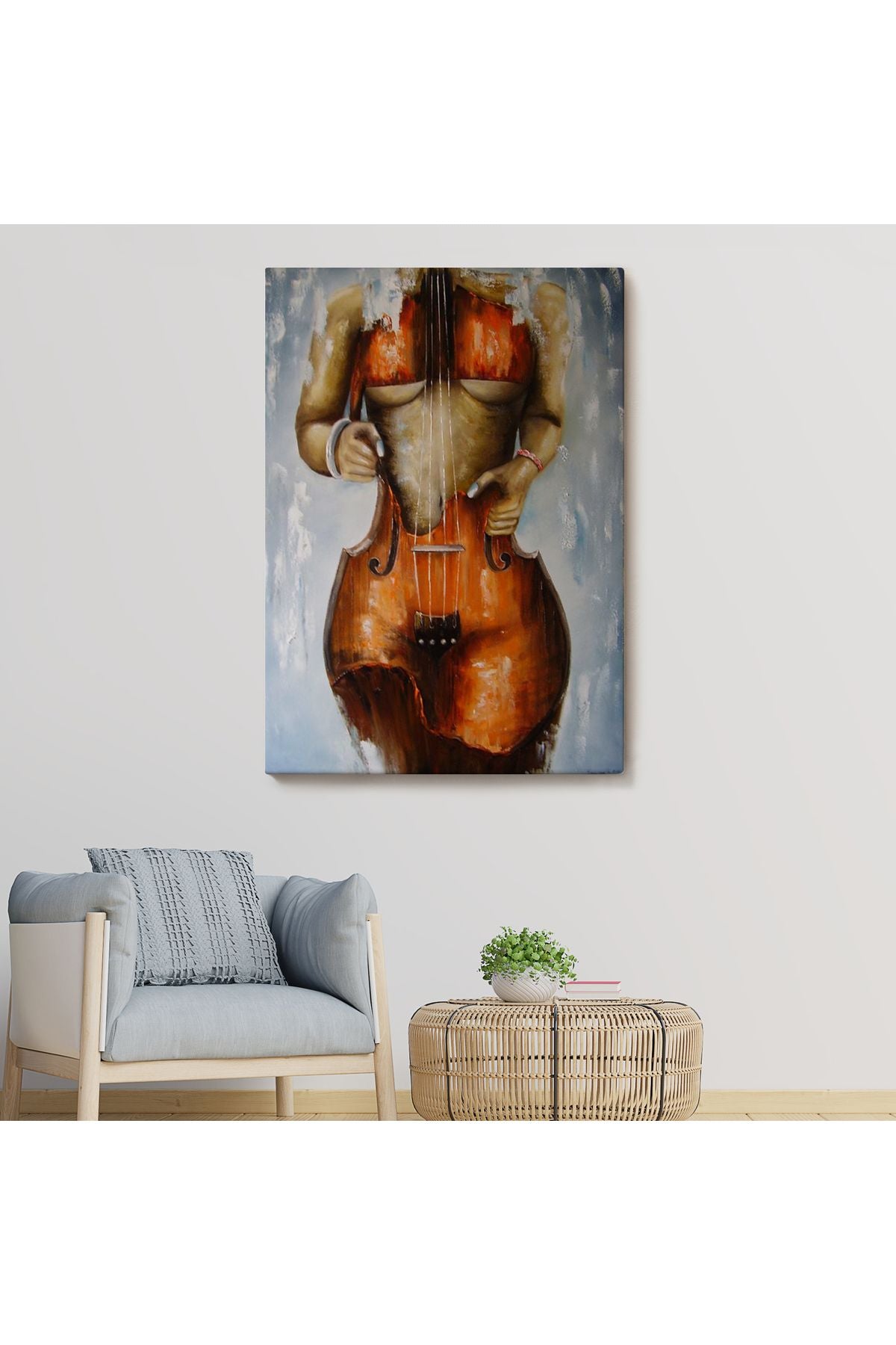 Violin Kadın Kanvas Duvar Tablosu, Kadın Keman Sanatı, Suluboya Tuval-5229